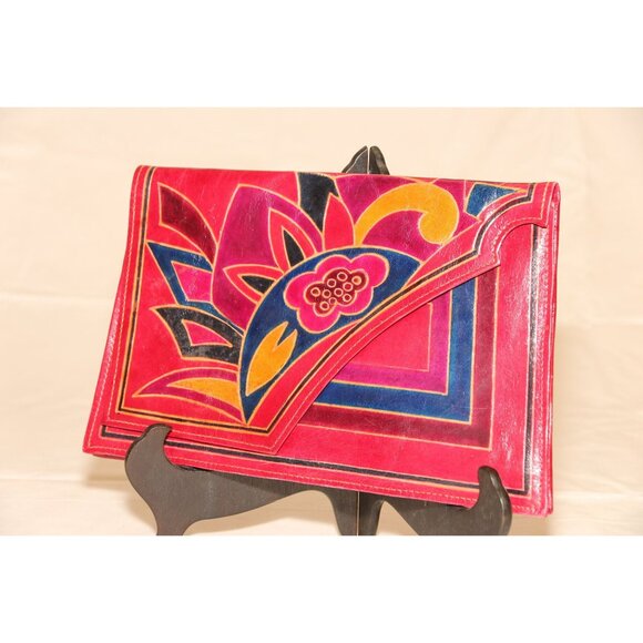 Vintage 1970's Purse Clutch Handmade Hand Tooled Leather Unique Shape Multicolor